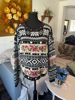 Women’s Vintage Black Floral Fair Isle Knit Sweater Roses 🌹 M